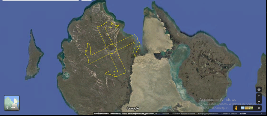 Снимок № 2 о. Котельный свастика. Россия. Размеры 70.0 х 70.0 км.