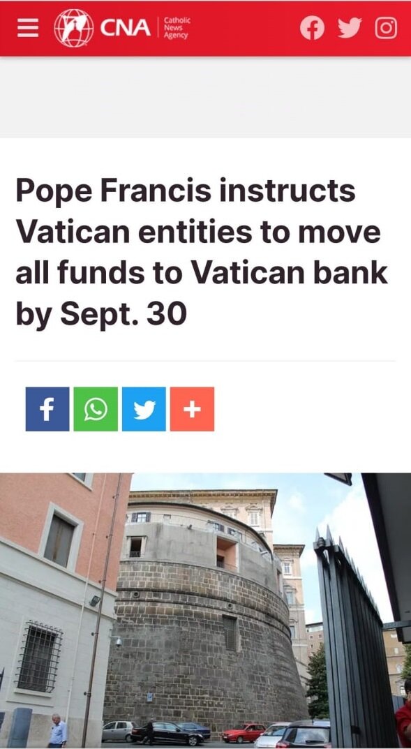 Папа Франциск дал указания перенести все активы в банк Ватикана до 30 сентября. Грядёт большой шухер?
