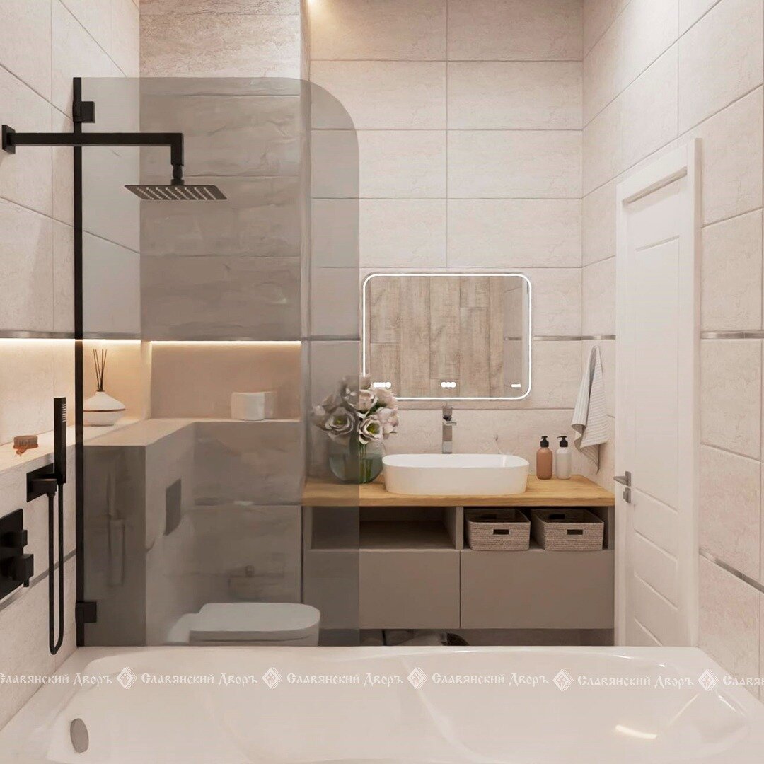 Удачное расположение сантехники и ниши под нужные вещи