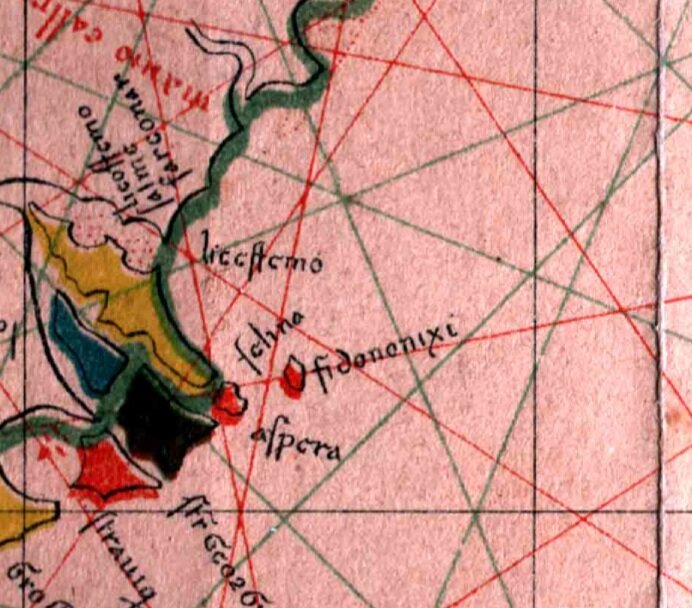 Фрагмент портолана Черного и Азовского морей генуэзца Петро Весконте 1313 года. На карте Змеиный обозначен, как Fidononixi (Фидониси-Змеиный).Из открытого источника