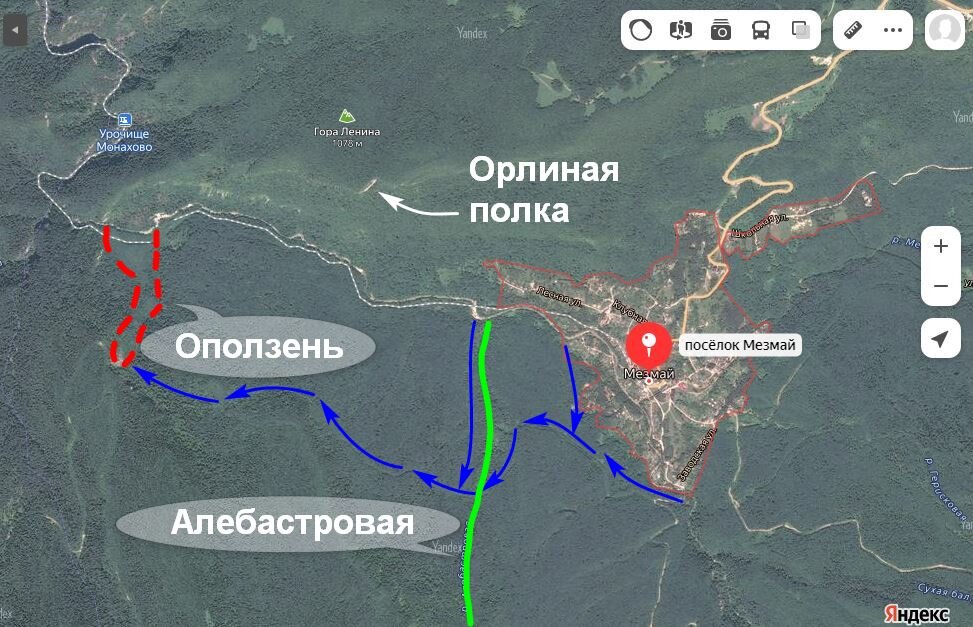 Синие стрелки - старые лесные дороги в пределах маршрута одного дня. Наилучшие варианты - с моста через Курджипс у южной окраины поселка и с моста у западной окраины поселка. Зеленая линия - балка Алебастровая.