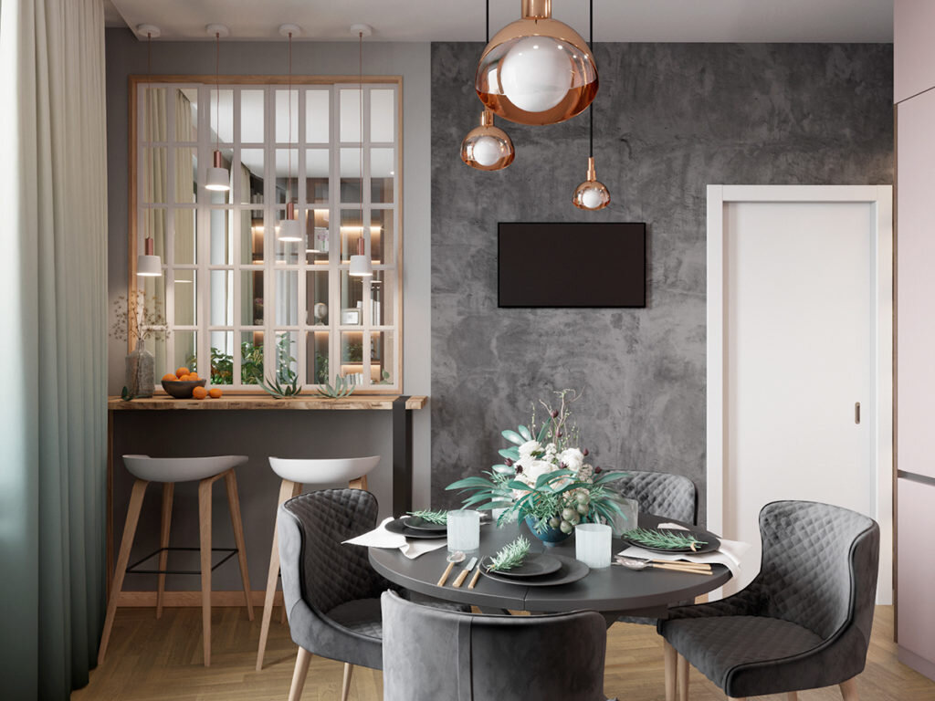 Зеленый, серый и много дерева. Современный интерьер трехкомнатная квартиры