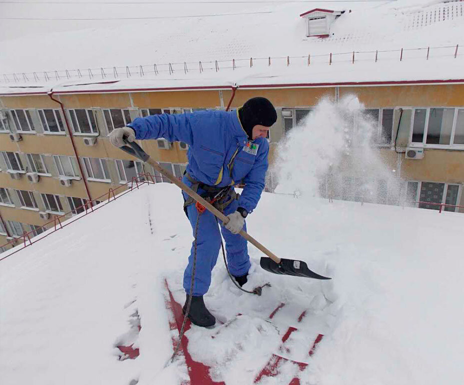 Уборка снега с крыши многоэтажного здания промышленными альпинистами