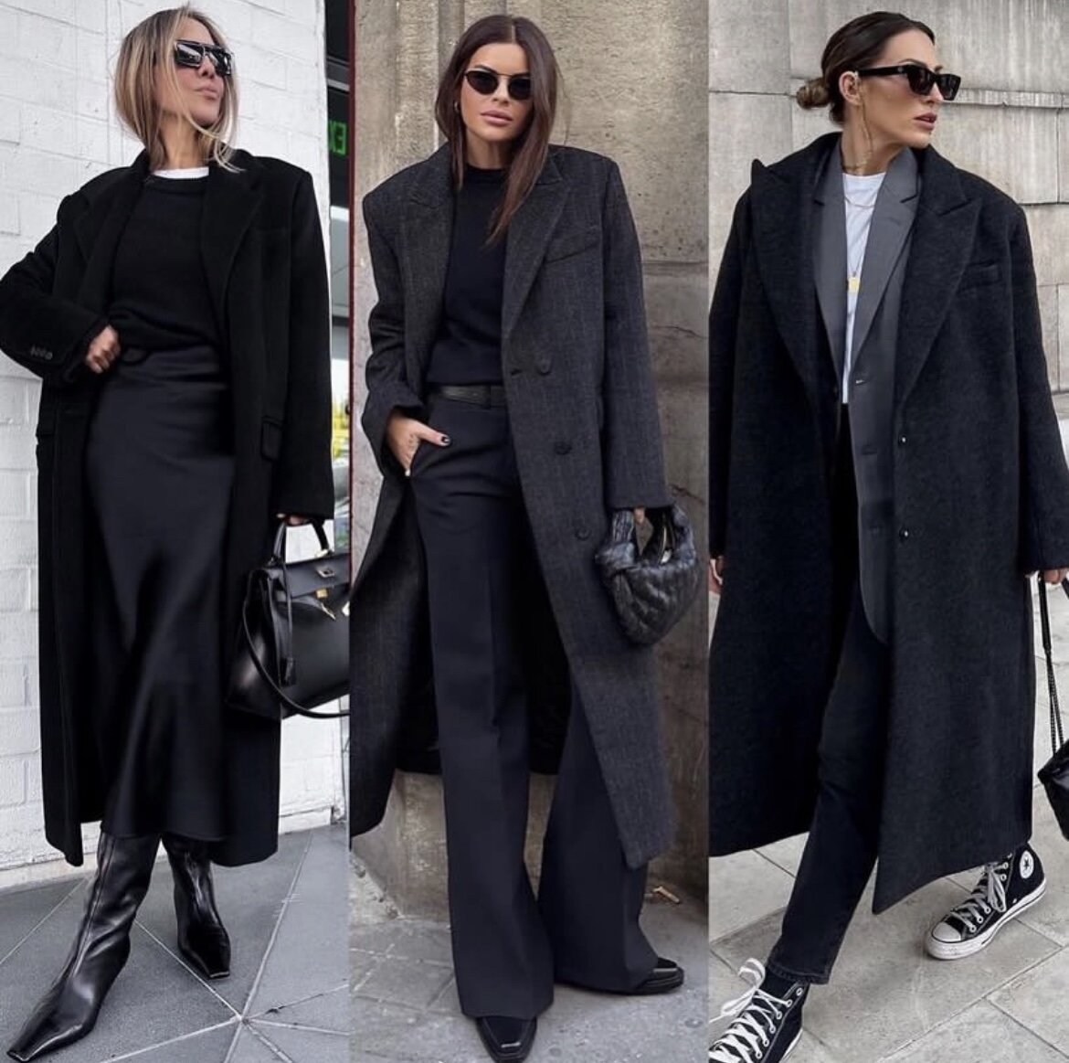 Пример женственного стиля, делового и спорт-шик в сочетании с черным пальто/ Pinterest