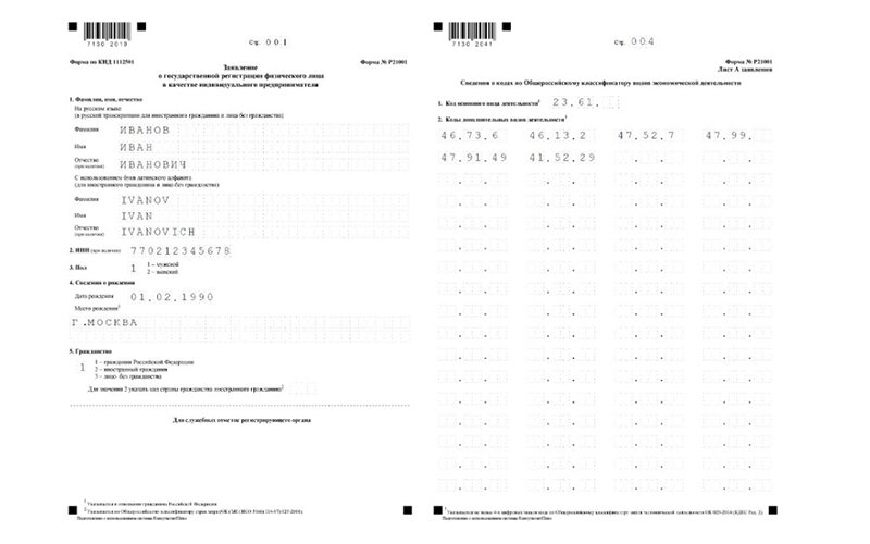 Пример заполнения первой страницы и листа А формы № Р21001