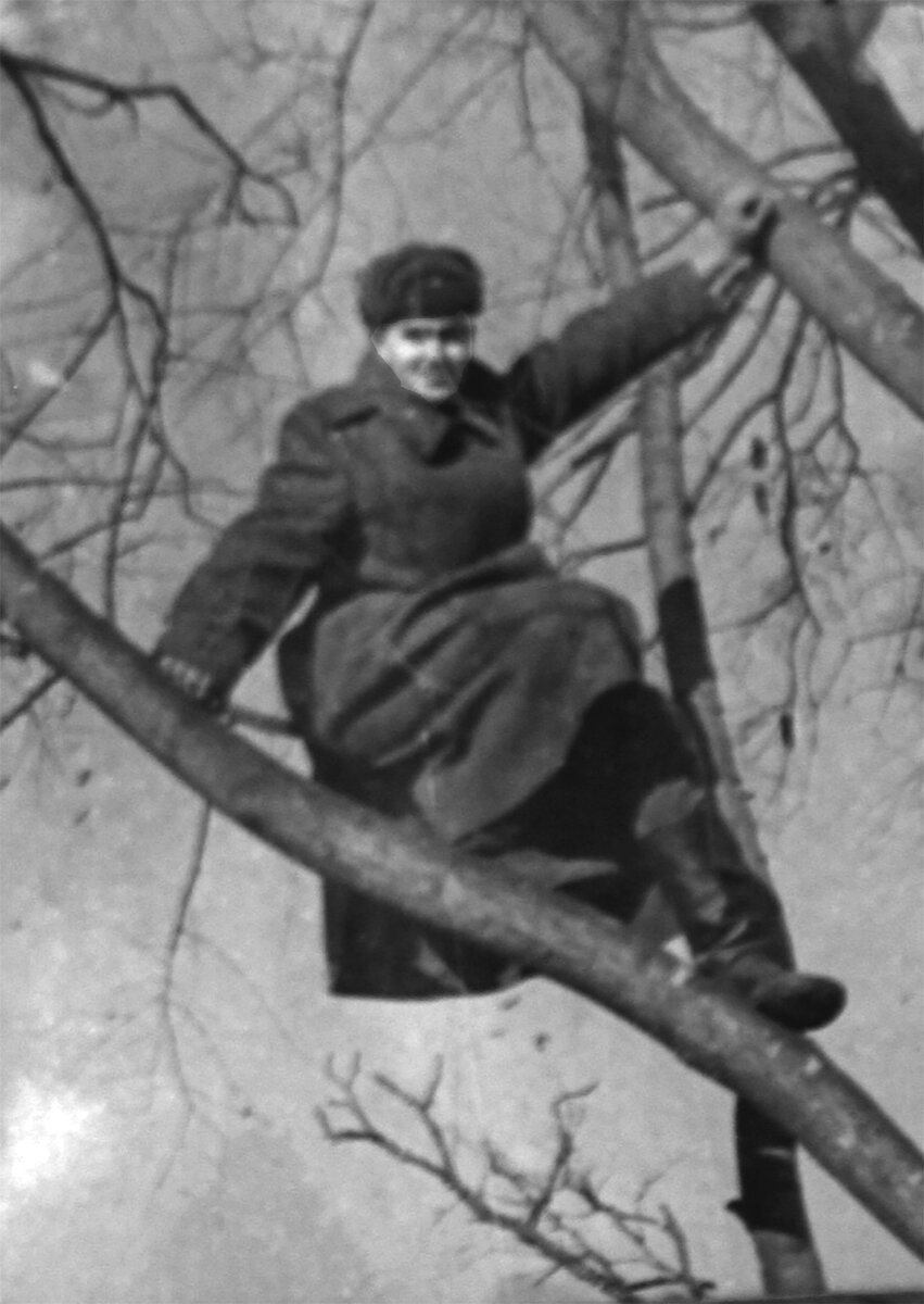 Год службы прошёл. Юрий Кашин на клёне перед казармой.