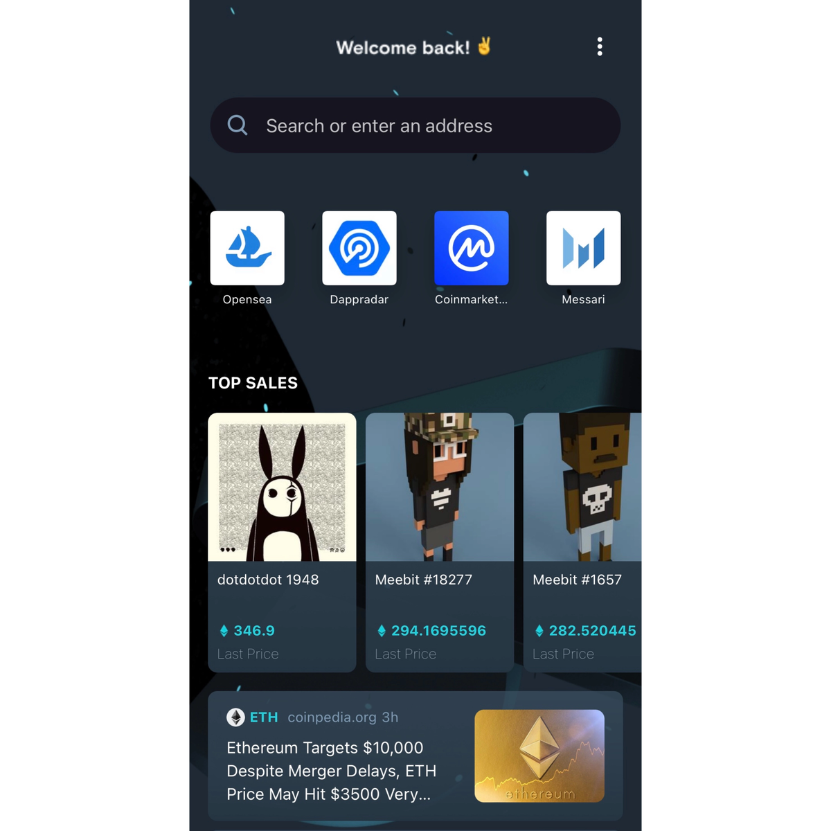 Начальная страница браузера Opera Crypto по умолчанию.