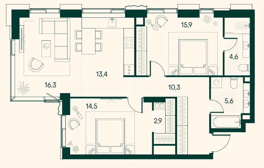 Планировка трехкомнатной квартиры площадью 83,5 м². Спальни удобно разнесены по разные стороны от коридора, чтобы у каждого было приватное пространство