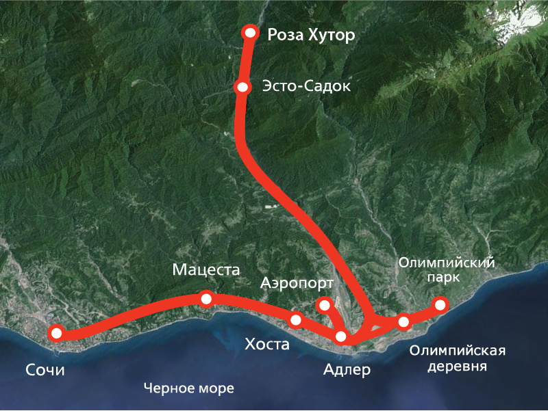 Карта маршрутов электропоезда «Ласточка» (без ответвления к Туапсе)