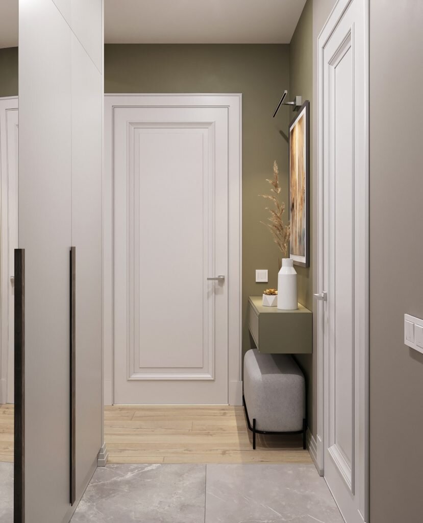 Стильно и красиво. Интерьер евродвушки в приглушенных тонах с голубыми, песочными и оливковыми акцентами