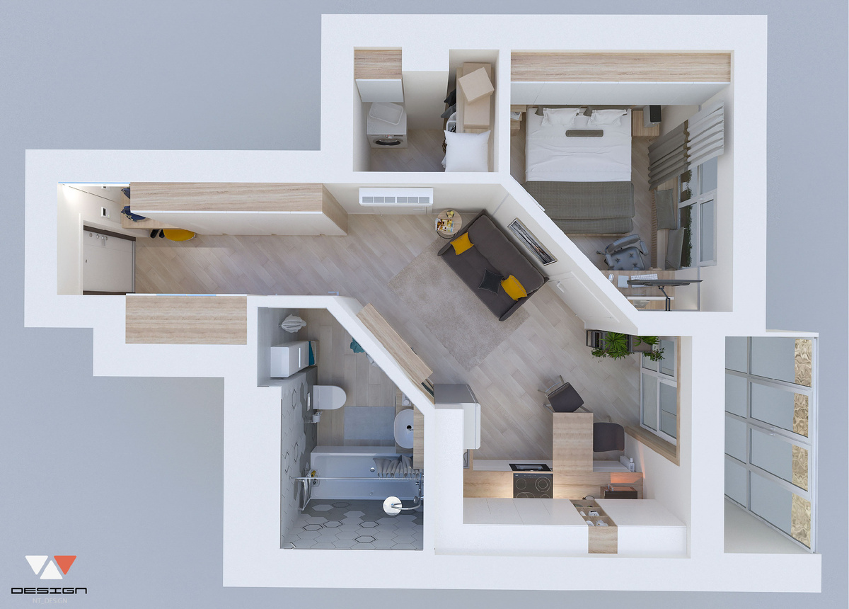 Сложная планировка для квартиры с двумя окнами.