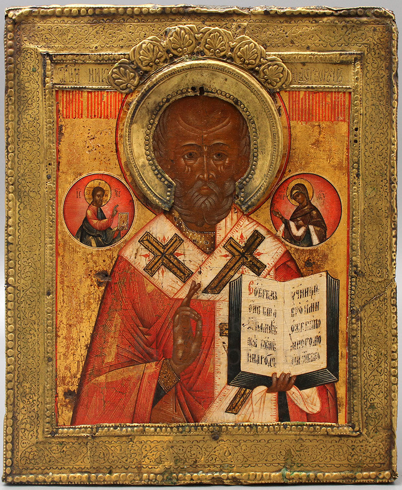Старинная икона «Святой Николай Чудотворец», латунный оклад, Палех, 1-я пол. 19 в. 