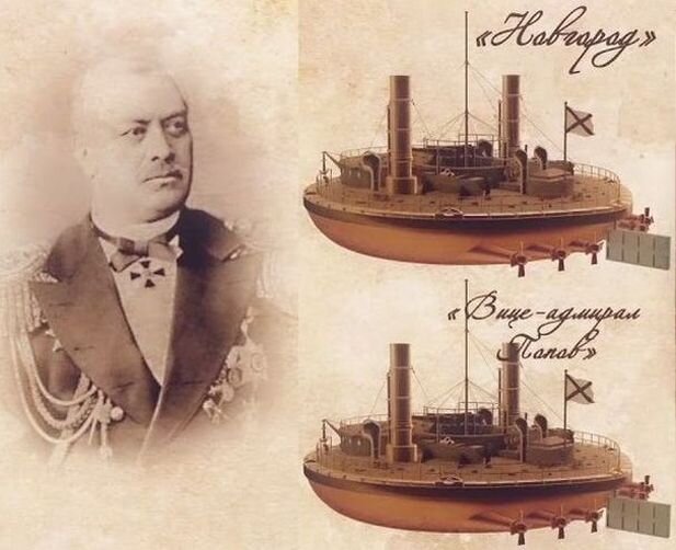 Главный конструктор броненосцев береговой обороны типа "Новгород" - адмирал А.А. Попов и два его детища
