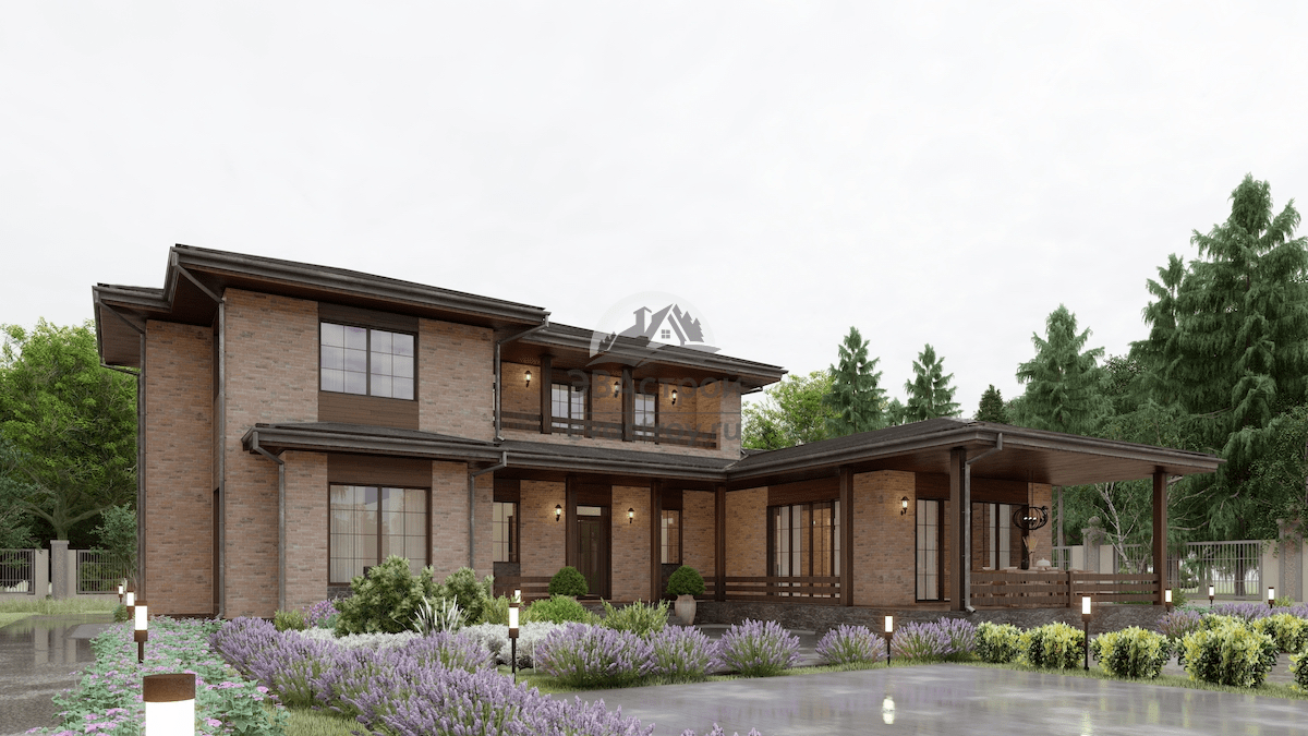 Проект двухэтажного дома 327 м2 с сауной, бассейном, балконом и террасой - 107-73