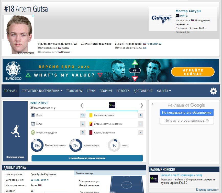 Профиль Гуцы. Скрин из трансфермаркта. Листайте вправо