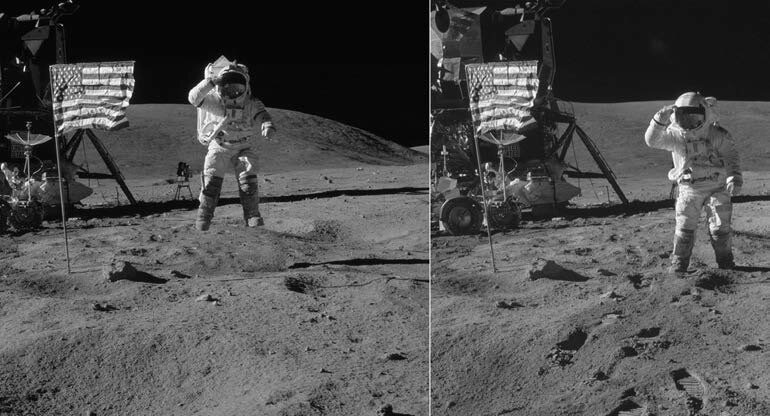 Вот, например, снимок, где астронавт прыгает около флага, но он прыгает всего на 40 сантиметров. Источник: https://clck.ru/Yn8rU