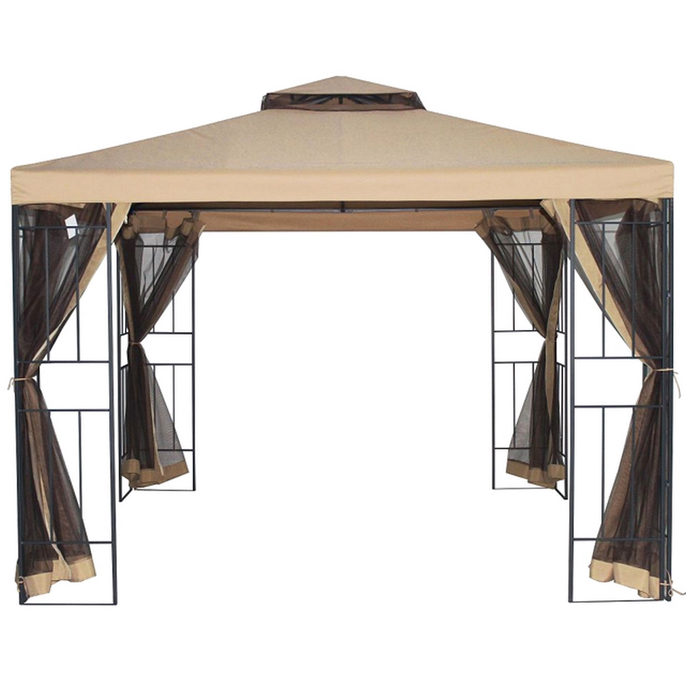 Размеры (см): длина - 300, ширина - 300, высота - 265. Материалы: полиэстер, полиамид, металл. Цвет: бежево-серый. Вес с упаковкой: 29,3 кг. Дополнительно: шатер с тканью из полиэстера и полиэластана с металлическим основанием не боится ветра, отлично защищает от солнца и дождя. Страна производства: Китай. Гарантия: 12 месяцев.