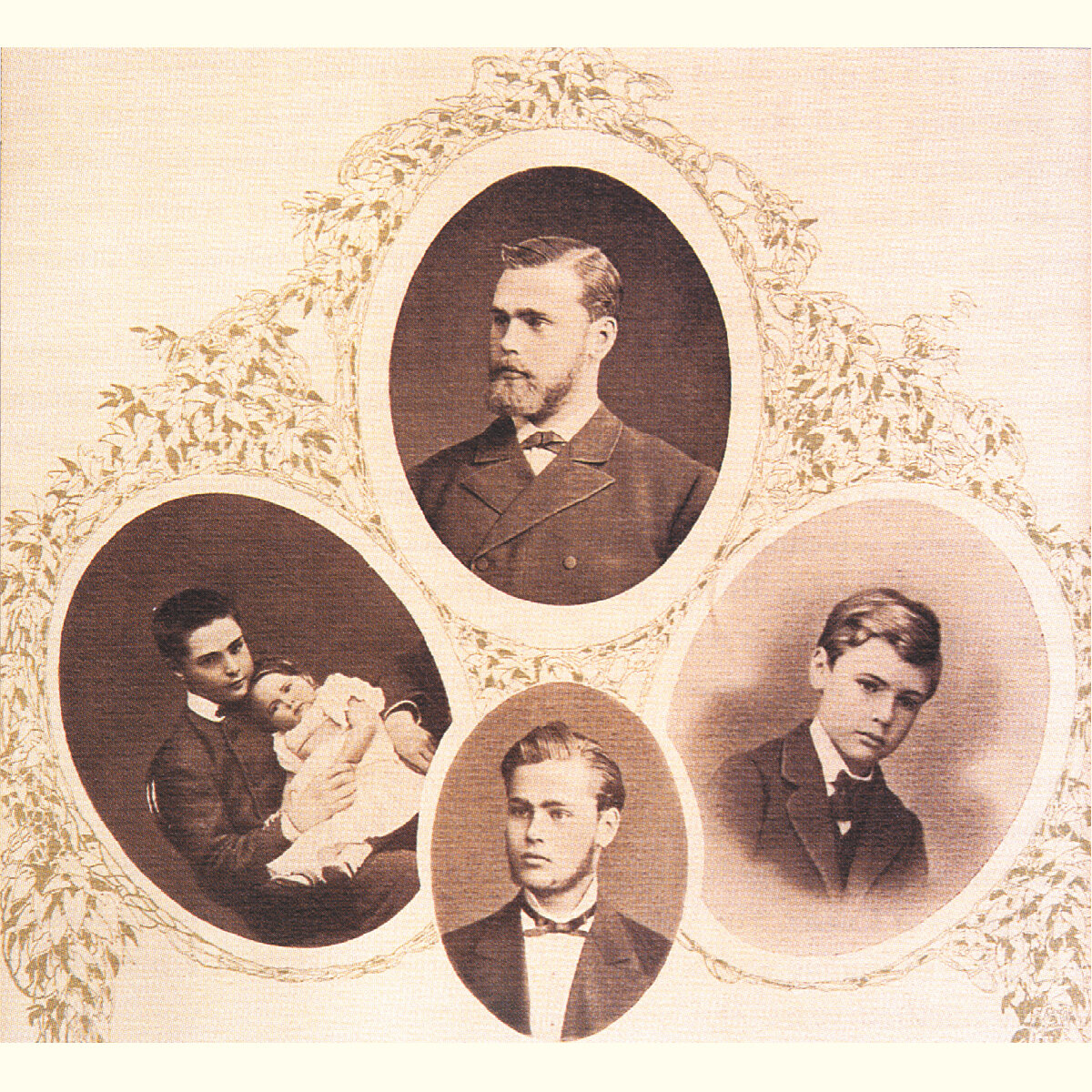 Семья Нобель в Санкт-Петербурге. Роберт (вверху), Людвиг (внизу), слева — Альфред с младшей сестрой Бетти на коленях, справа — Эмиль. Источник: книга «Альфред Нобель. Биография человека, который изменил мир»