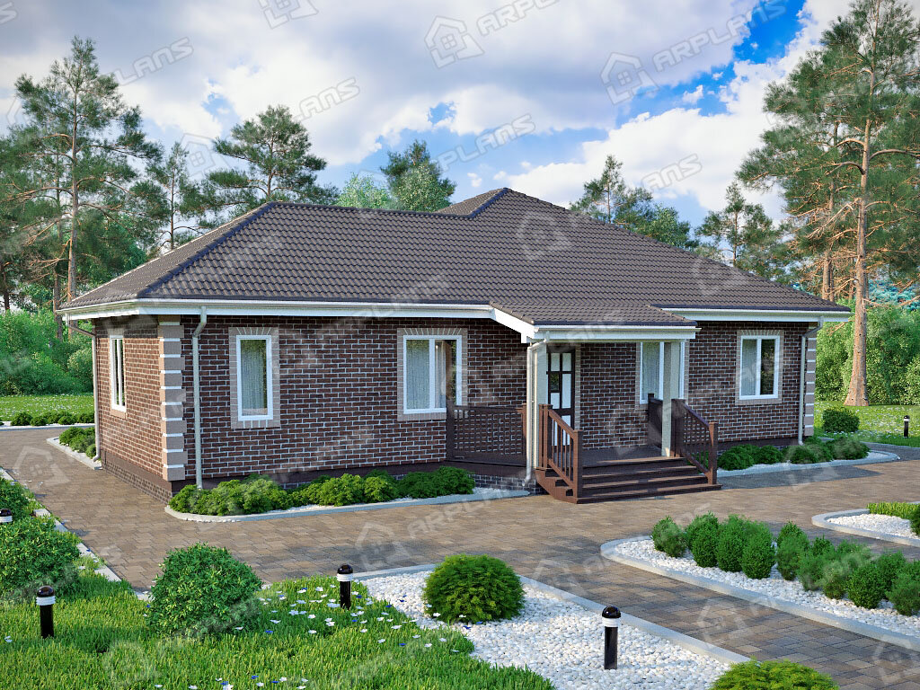 Фото 2 одноэтажного дома из газобетона с 3 спальнями, газовой котельной и террасой. Полезная площадь 130 кв м. Источник arplans.ru Проект К-007 