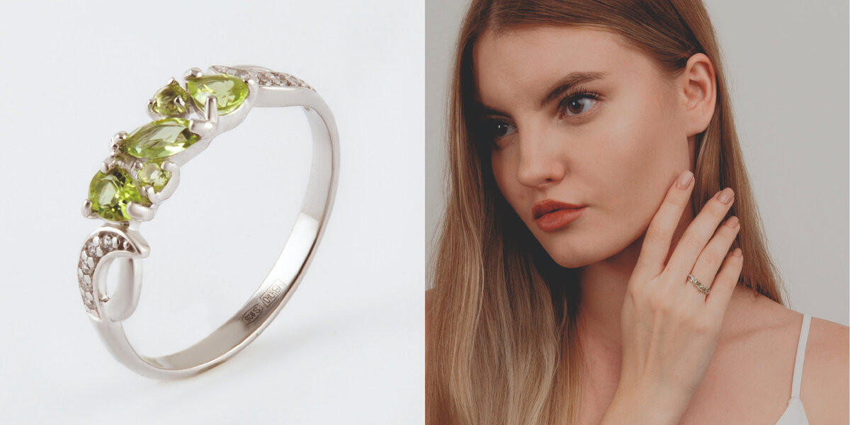 Серебряное кольцо с хризолитами и фианитами 000-352085 на ourgold.ru