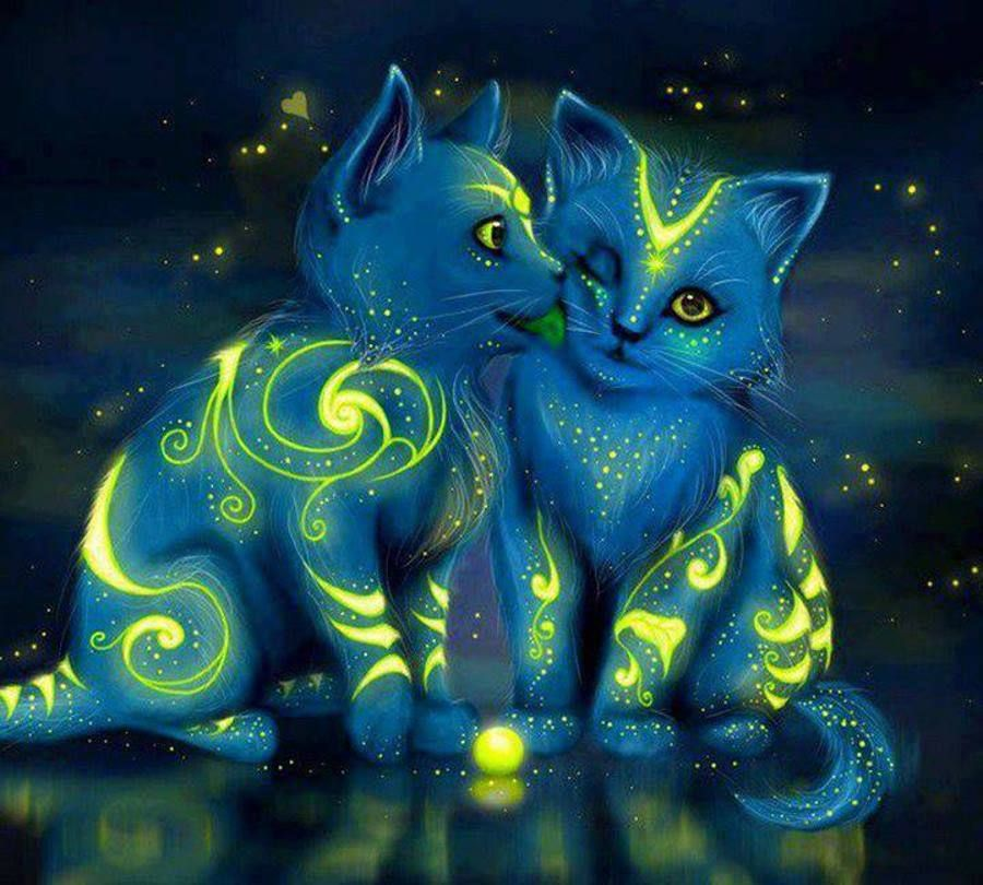 Синяя кошечка. Фэнтези кошки. Волшебные коты. Магические котики. Голубой кот арт.