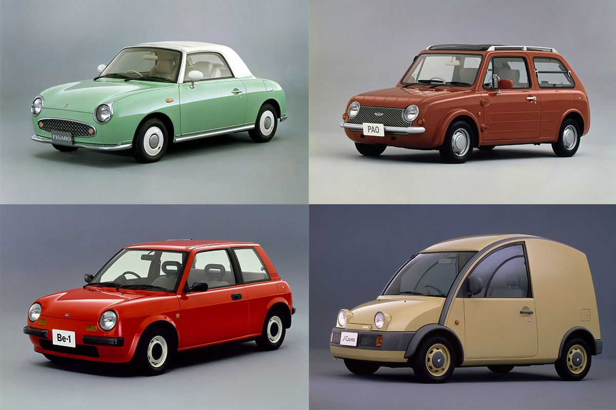 Банда проекта Pike Cars. Красный Nissan Be-1 1987, коричневый Nissan Pao 1989,  бежевый Nissan S-Cargo 1989 и зелёный Nissan Figaro 1991. Фото компании Nissan