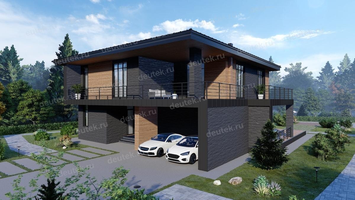 Проект двухэтажного дома 488 м2 в стиле Хай-Тек с сауной и террасами - DTE140