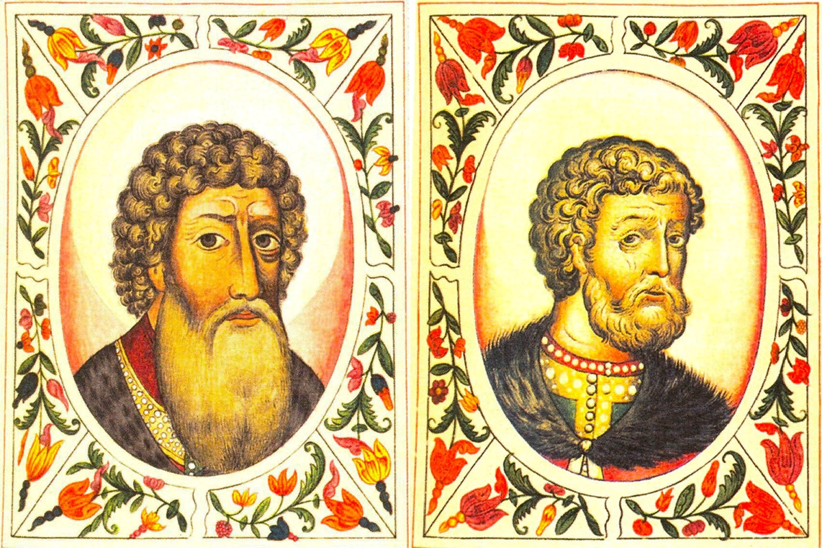 Даниил Московский (1261 – 1303) = Дмитрий Донской (1350- 89). Портреты князей из «Царского титулярника», сочинённого в 1672 г. в рамках общеевропейской кампании по фальсификации истории доромановского периода, выглядят так, как будто изображают одного человека. Очевидно, фальсификаторы XVII в. ещё прекрасно понимали, что к чему. И посредством идентичности портретов послали нам тайный ключ к разоблачению и восстановлению подлинной истории древности.