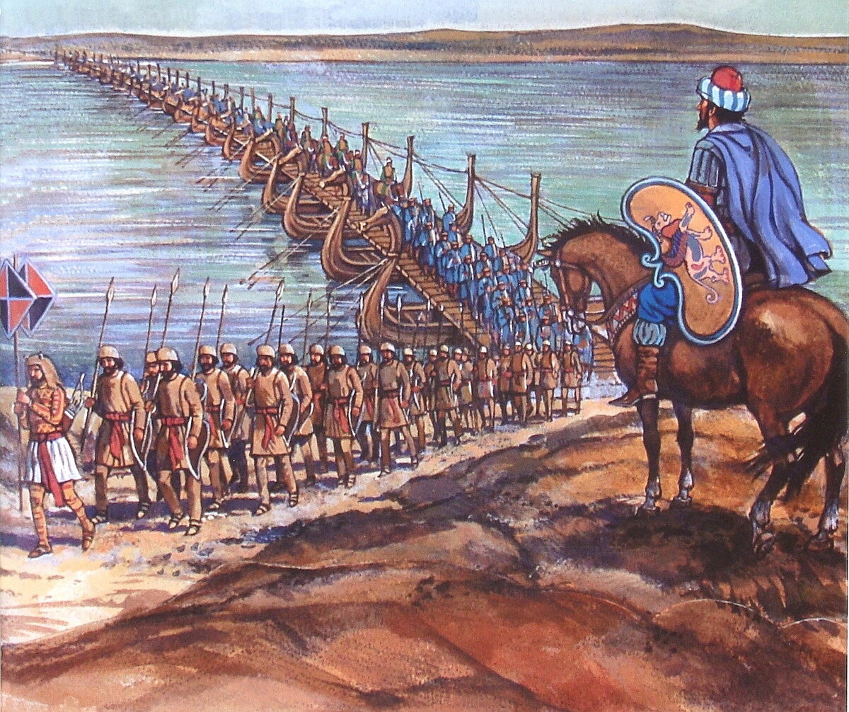 Войска персидского царя Ксеркса I переправляются через Геллеспонт. Художник Питер Коннолли (Peter Connolly)