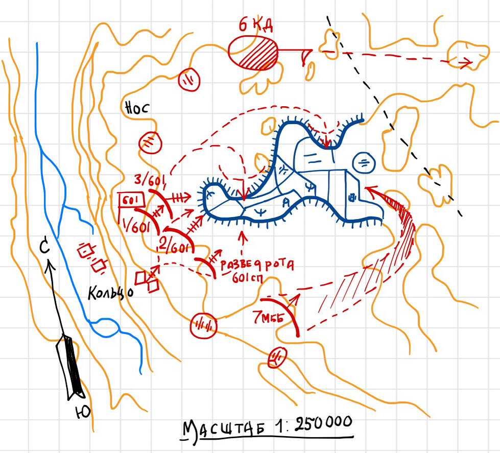 Бои за высоту Палец 20-22 августа. Прорисовка схемы из советского документа. Судя по тому, что не понадобились отдельные схемы на каждый день, ни положение, ни способ действия 601-го сп существенно не менялись. 