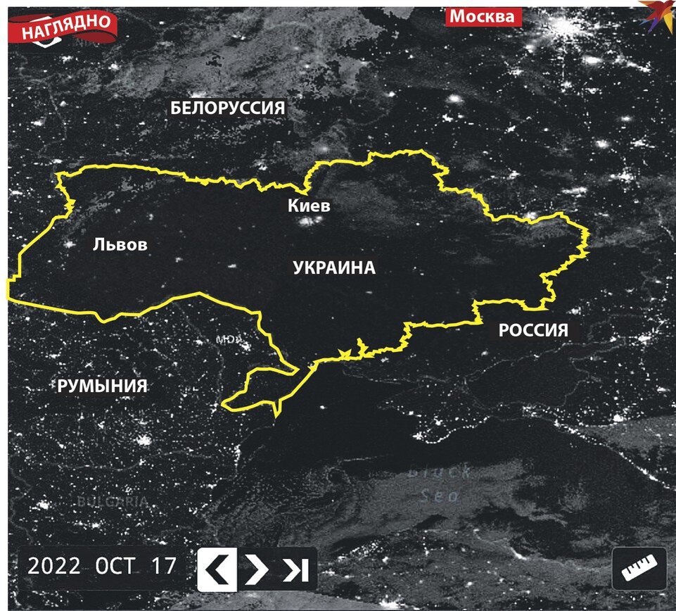     Снимок из космоса. Хорошо видно, что Украина осталась без света. Границы незалежной мы обвели желтым цветом.
