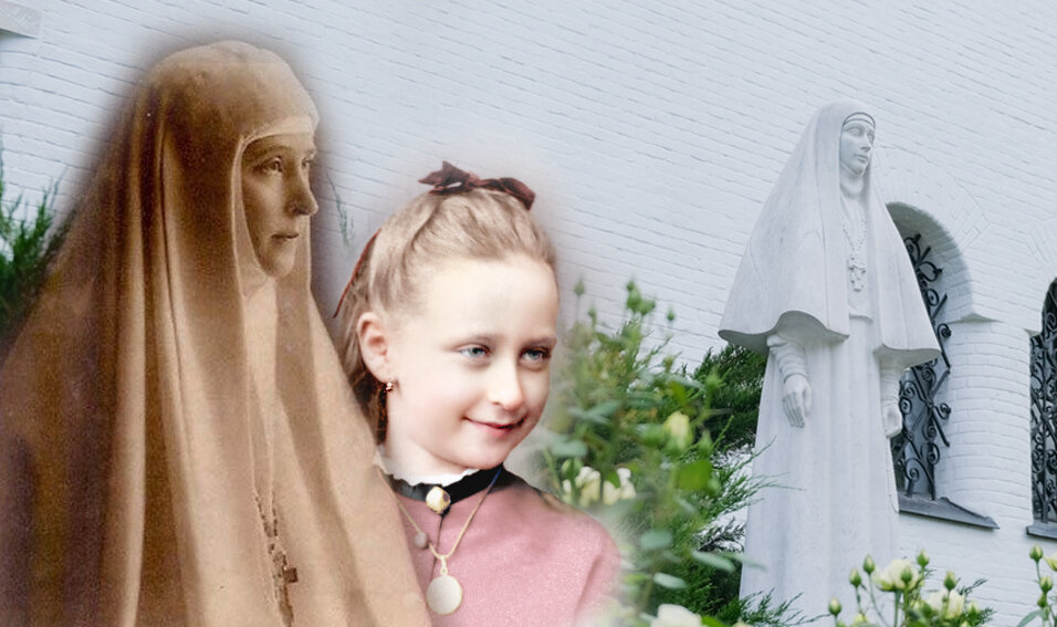 Коллаж: Великая княгиня Елизавета Феодоровна в апостольнике, Великая княгиня Елизавета Феодоровна в детстве, памятник Великой княгини Елизаветы Феодоровны в Марфо-Мариинской обители