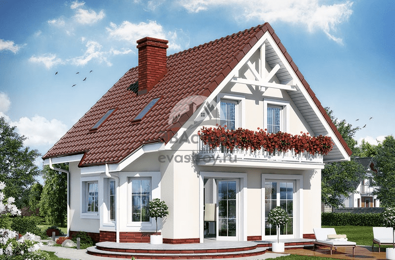 Проект квадратного дома 87 м2 из керамоблоков с мансардой, эркером, балконом и террасой - LG-30