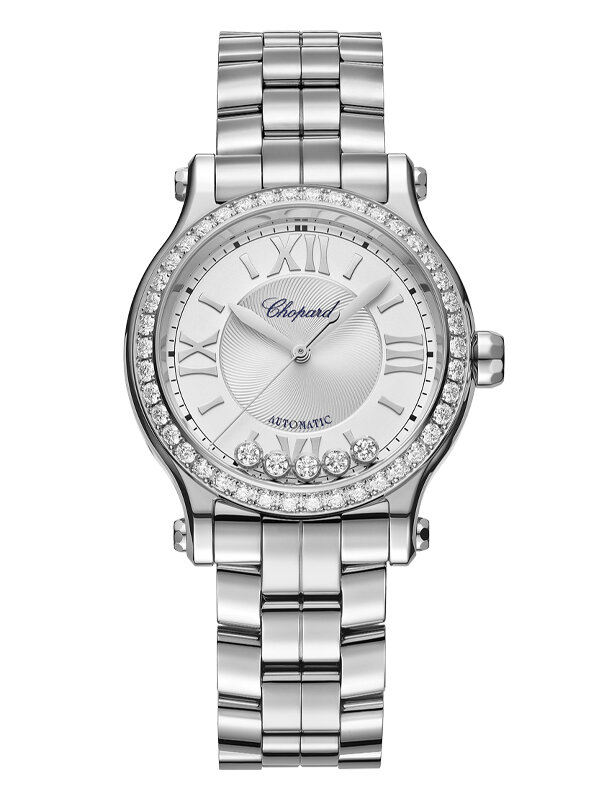 Часы Chopard Happy Sport в 33 мм корпусе из стали с бриллиантами по безелю и 5 плавающими бриллиантами. 