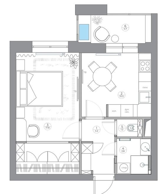 Однокомнатная квартира с полноценной гардеробной. Обратите внимание, что на плане в гардеробной указаны распашные двери.