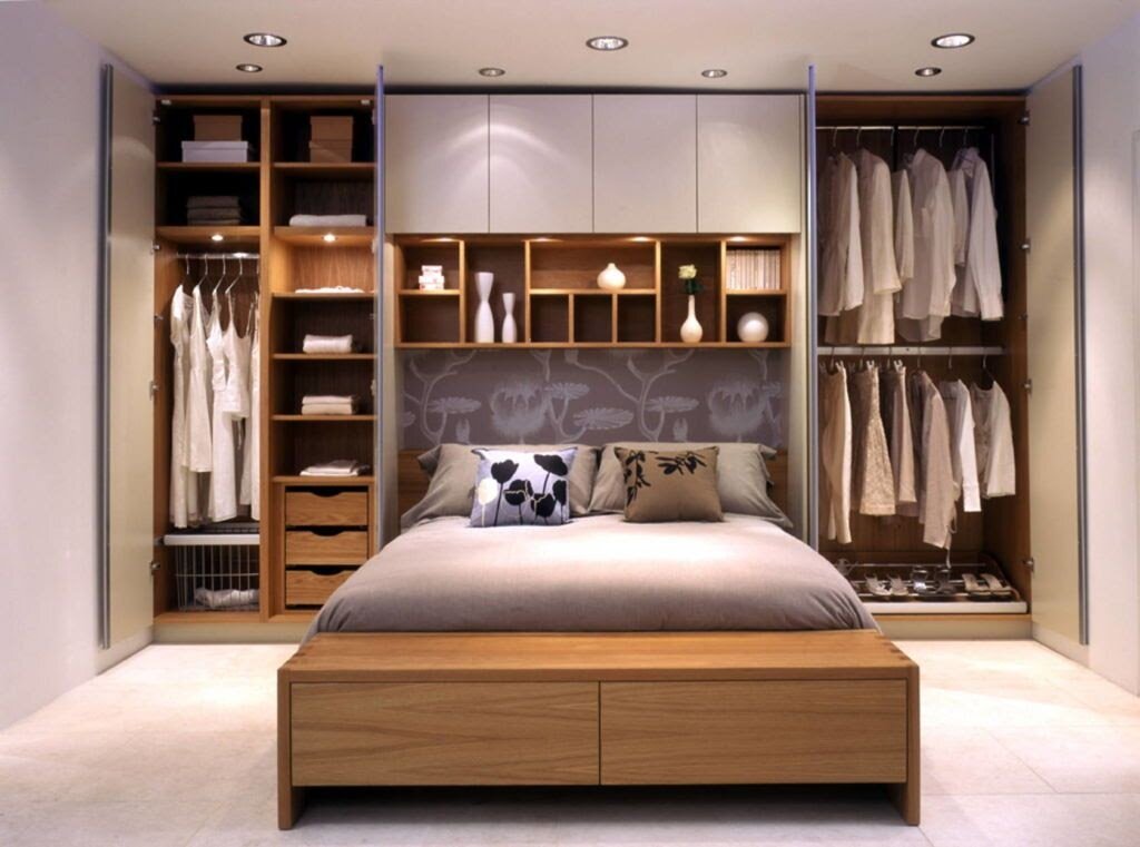 Кровать двуспальная со шкафами по бокам и сверху (72 фото)