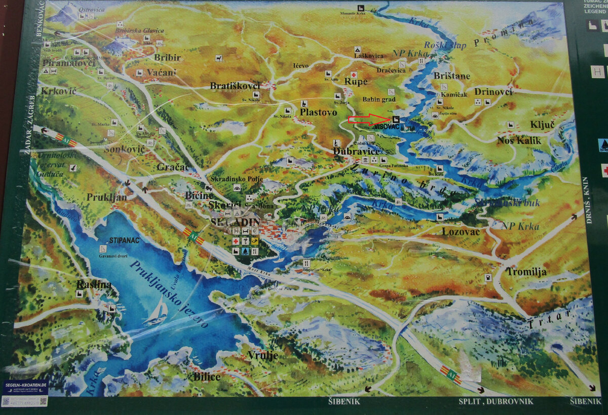 Висовац на карте окрестностей Скрадина и парка Крка.
