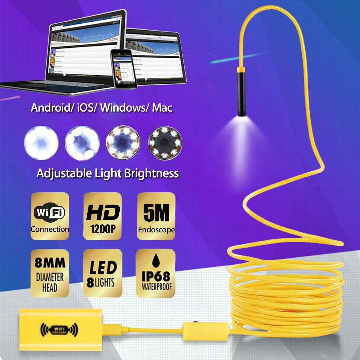 Эндоскоп для смартфона водонепроницаемый с wi-fi 10м innozone 1200p 8мм