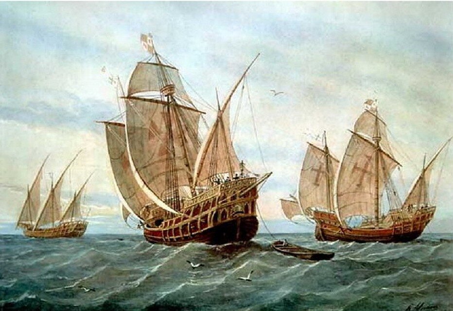 Корабли Колумба в плавании (слева направо): "Пинта", "Санта-Мария" и "Нинья"