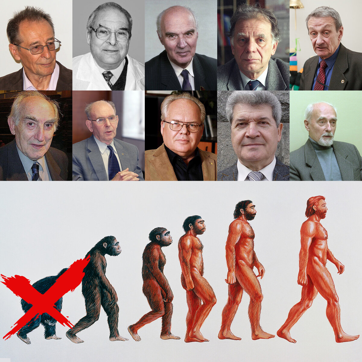 10 академиков против обезьяны: Евгений Александров, Жорес Алфёров, Гарри Абелев, Лев Барков, Андрей Воробьёв, Виталий Гинзбург, Сергей Инге-Вечтомов, Эдуард Кругляков, Михаил Садовский, Анатолий Черепащук