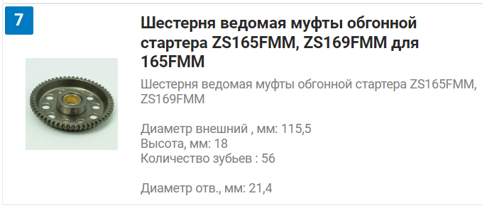 Шестерня обгонной муфты 165FMM 166FMM 172FMM
