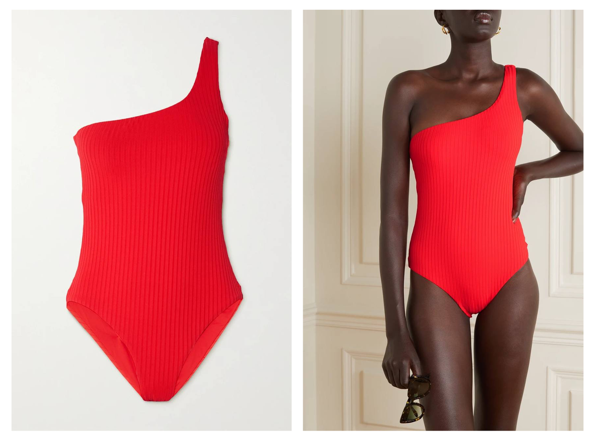 Красный слитный купальник на одно плечо в рубчик
