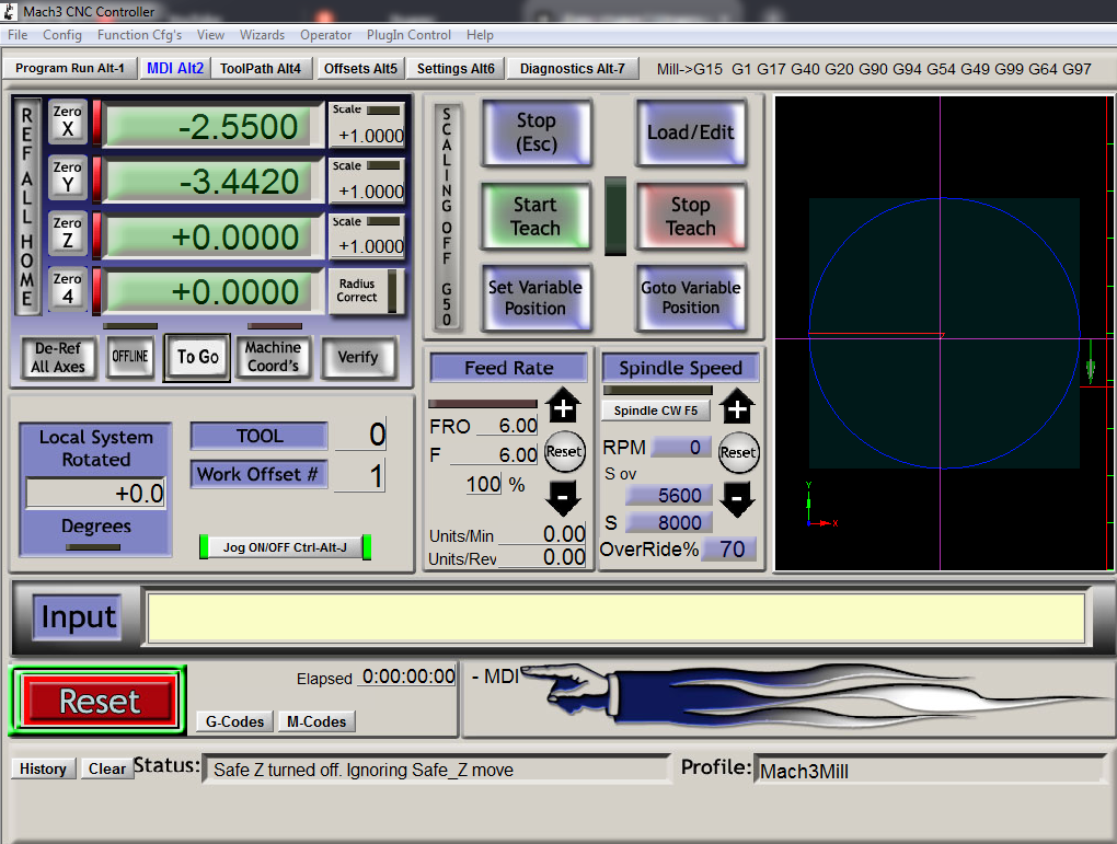 Экран ручного ввода команд Mach3