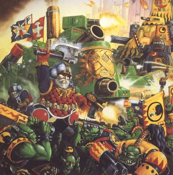 Старый арт, на котором изображено противостояние скватов и орков. Техника космогномов чем-то напоминает технику орков. Такая же массивная и смертоносная.