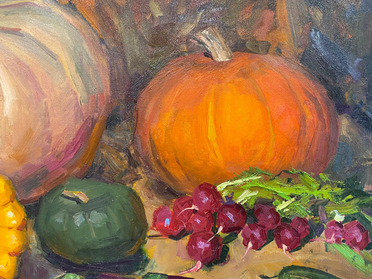 Фрагмент картины: тыква, редиска 