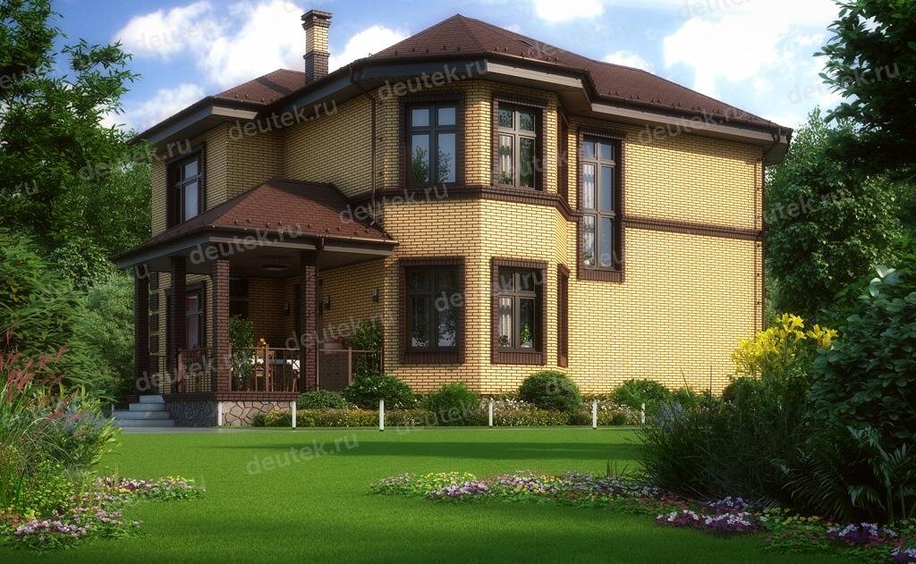 Проект двухэтажного дома 214 м2 с эркерами, мансардой, балконом и террасой - DT0249