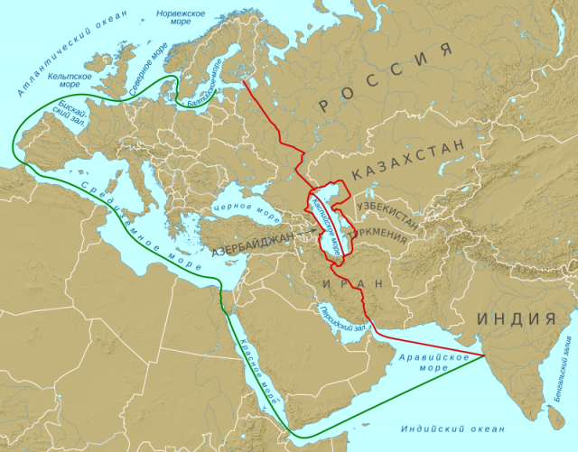    Международный транспортный коридор Север — Юг. Красная линия — маршрут коридора (сс) Hellerick