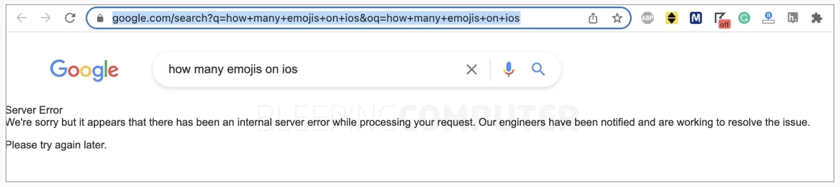    Поиск Google аварийно завершает работу при поиске определенных запросов. Фото: BleepingComputer