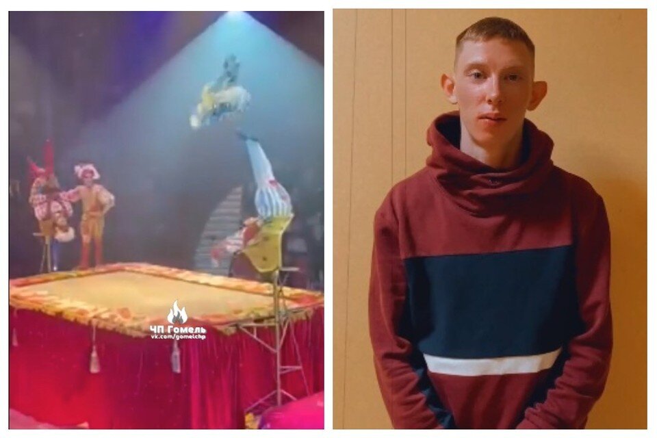     Акробат Александр упал головой вниз мимо батута с высоты примерно 4 метров. Скрин видео "ЧП Гомель"