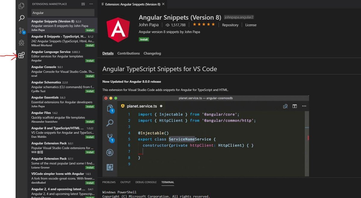 Работа с расширениями в Visual Studio Code
